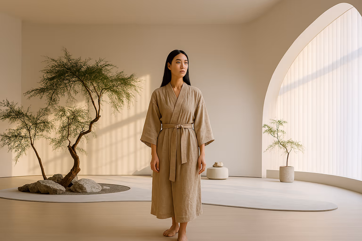 A woman in a beige kimono stands in a sunlit room