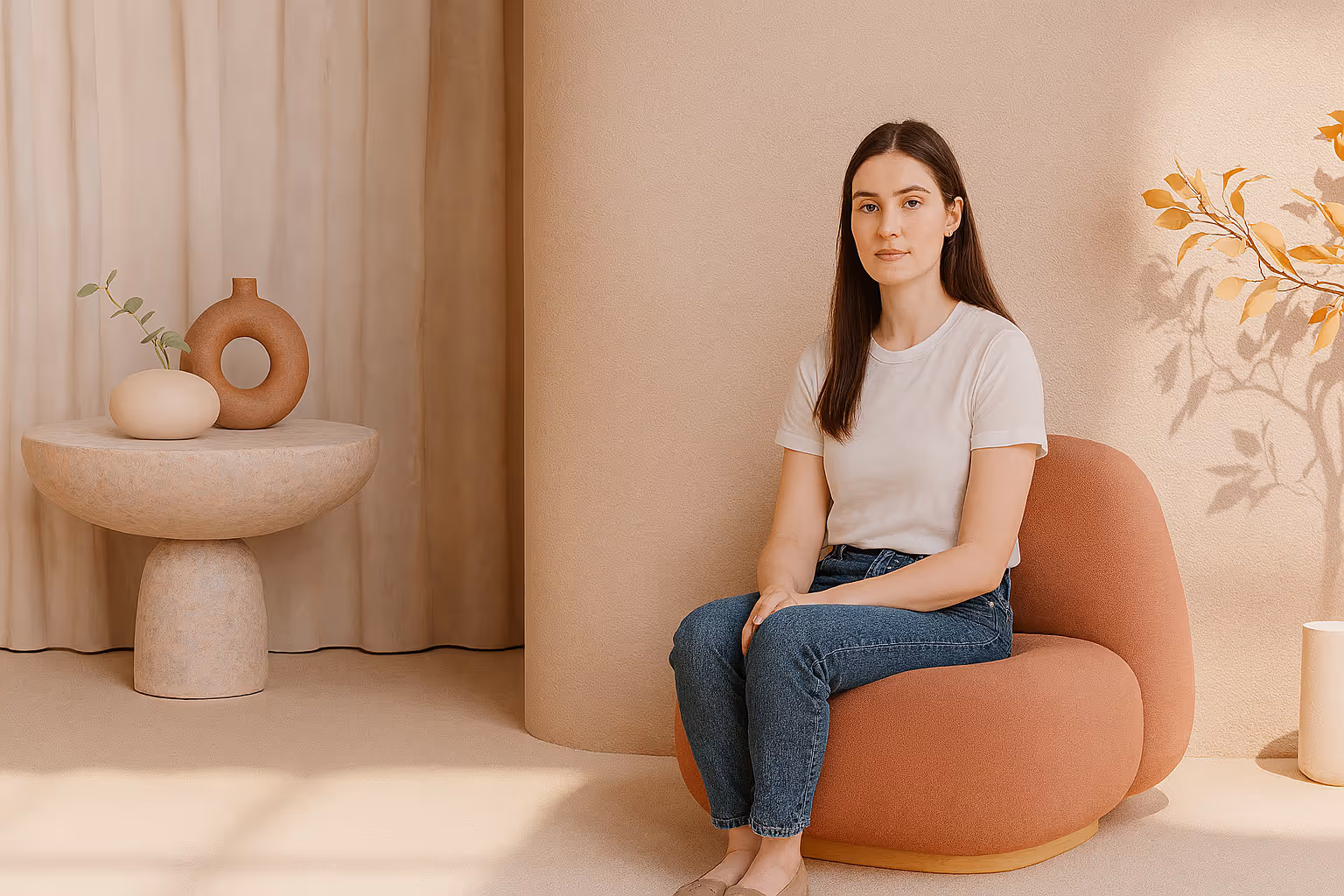 Woman sitting on a chair, facing the camera