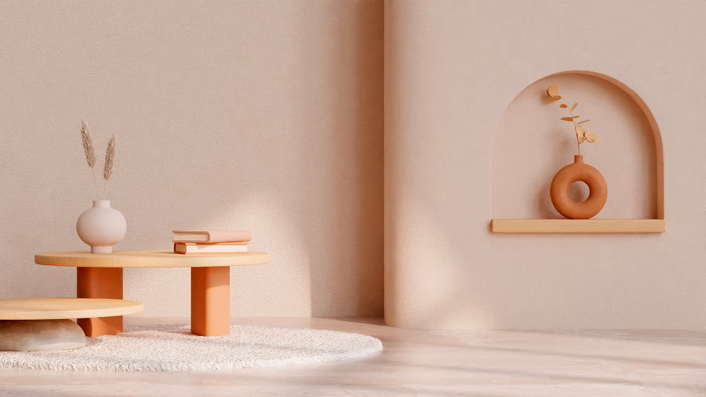 Minimalist chairs with a round table and vase in a soft beige room